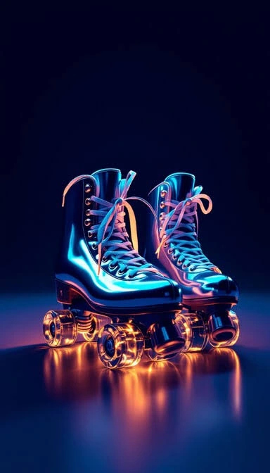 Metallic roller skates in blue and orange light